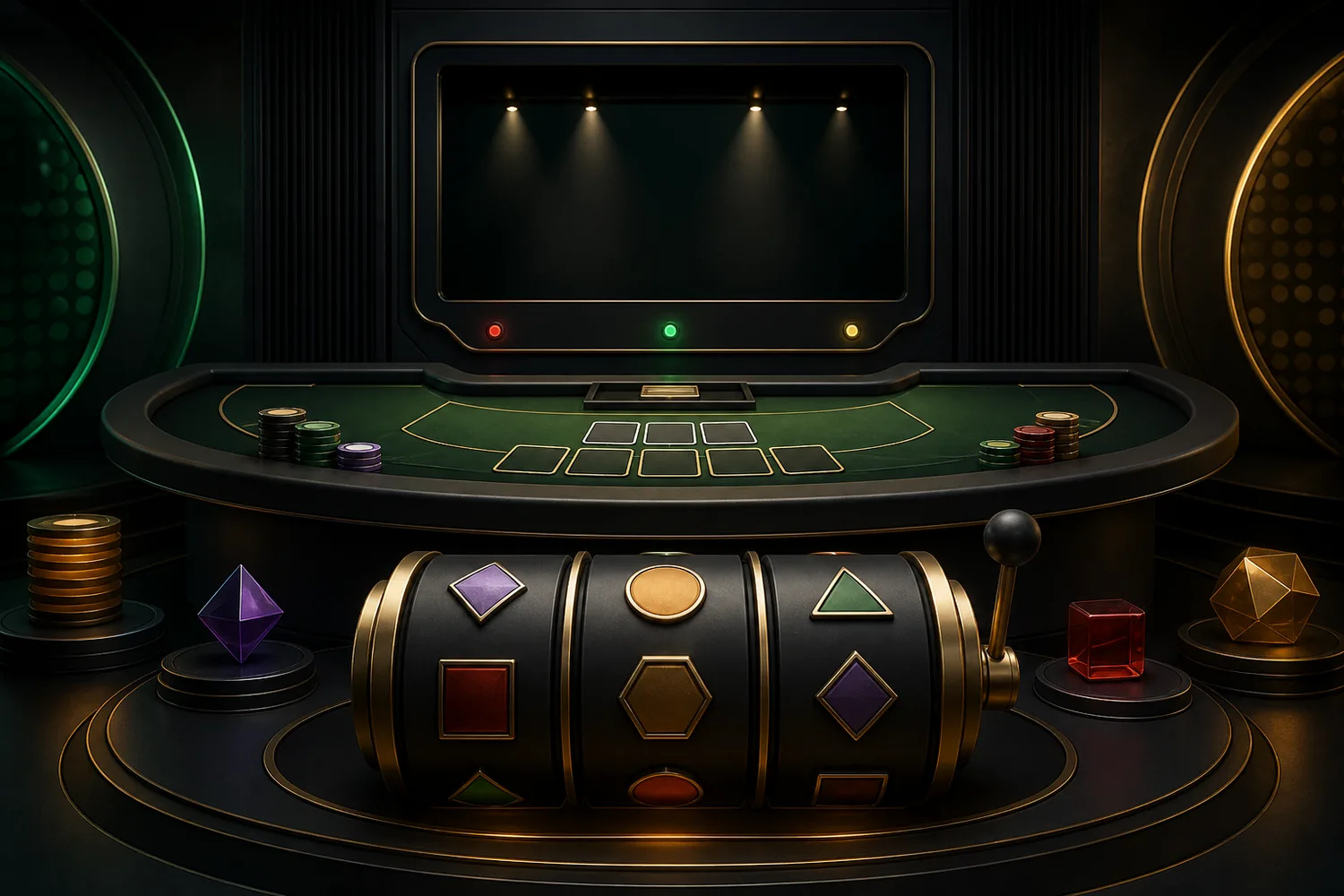 Elementos visuais de cassino, slots e mesas ao vivo em composição editorial
