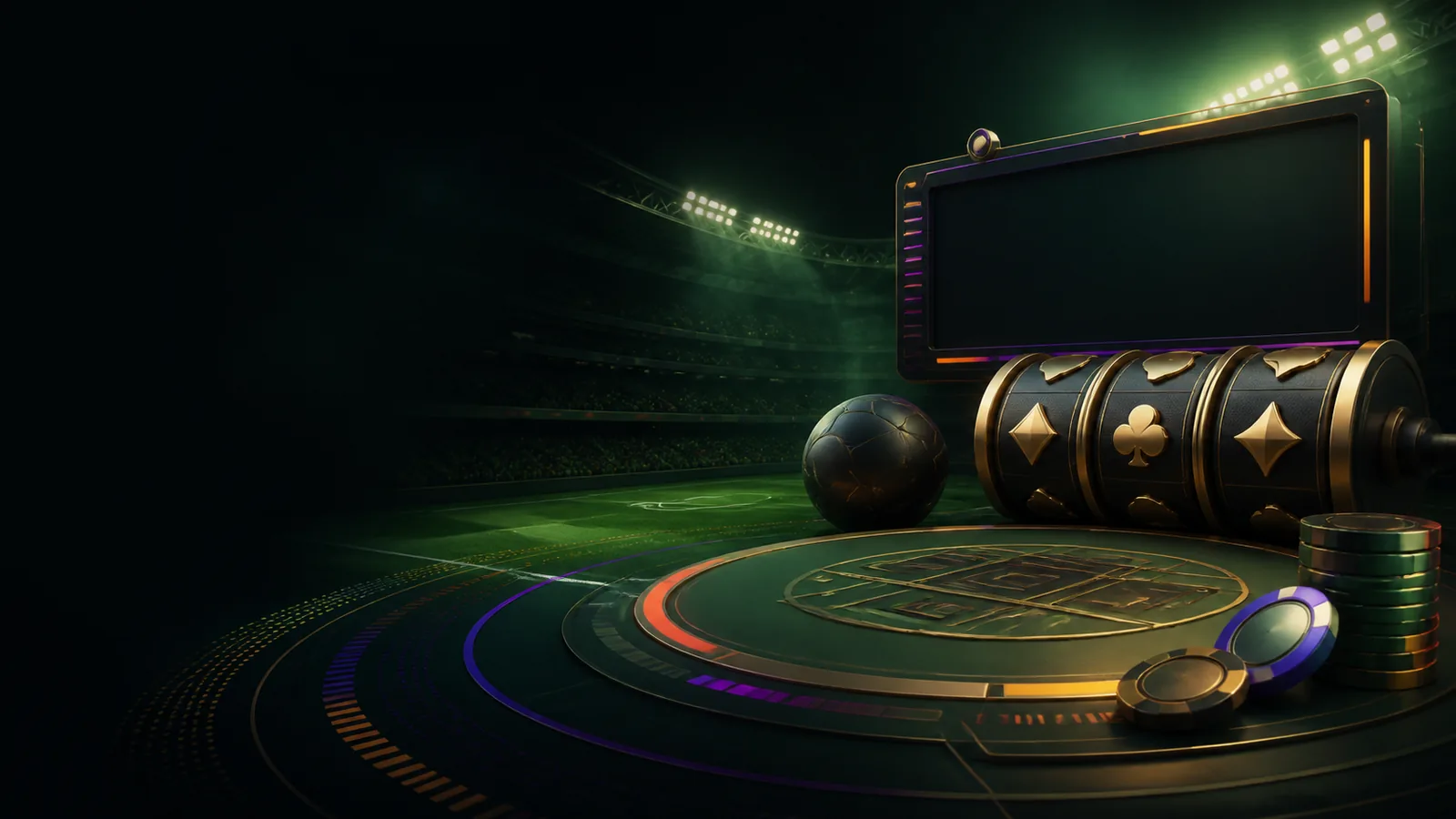 Ecossistema visual de jogos online com esportes, cassino, slots e mesas ao vivo