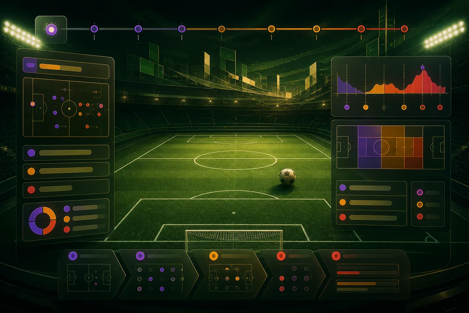 Painel esportivo abstrato com campo, eventos e dados de partida
