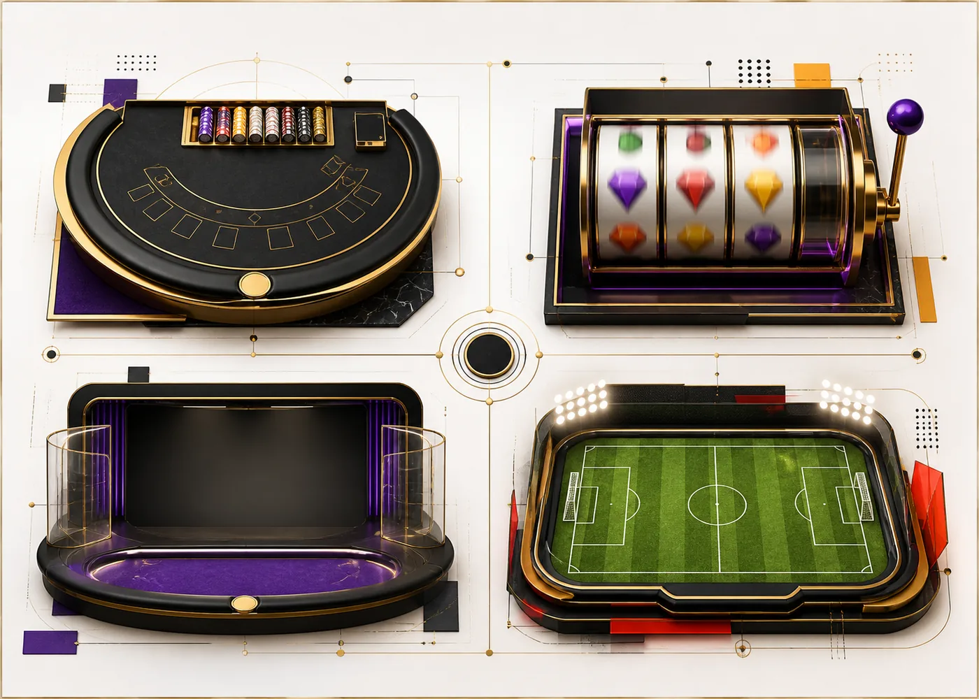 Mapa visual das categorias de cassino, slots, jogos ao vivo e esportes